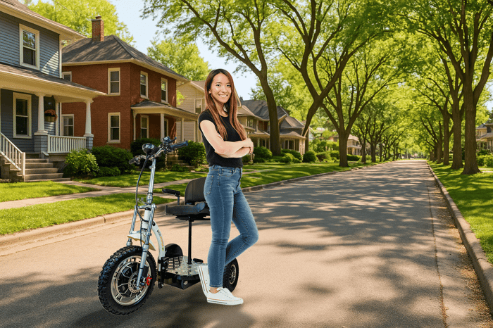 Why Every Neighborhood Feels Bigger on a Scooter - woman standing near Euroscooter All-wheel Drive Genoa