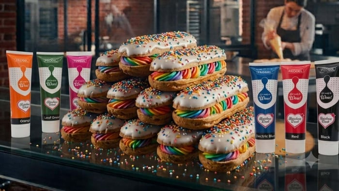 Rainbow Dust ProGel with Pidy Eclairs finished to the Dot style theme in bakery.