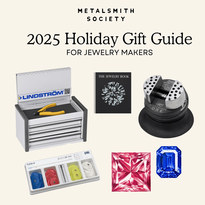 Metalsmith Society 2025 Holiday Gift Guide for Jewelry Makers graphic featuring a Lindström tool chest with pliers, The Jewelry Book, a GRS MicroBlock vise, an EVE Flexi-D polishing disc set, and two faceted gemstones on a cream background.