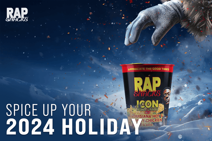 An assortment of Rap Snacks chips and noodles displayed on a festive holiday table, perfect for holiday party snack ideas.