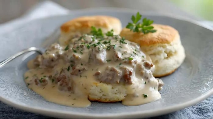 Plate of healthy biscuits and gravy with fluffy buttermilk biscuits smothered in creamy sausage gravy and garnished with fresh parsley.
