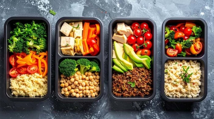 High-protein meal prep containers lined up with tofu, chickpeas, lentils, quinoa, broccoli, and fresh vegetables.