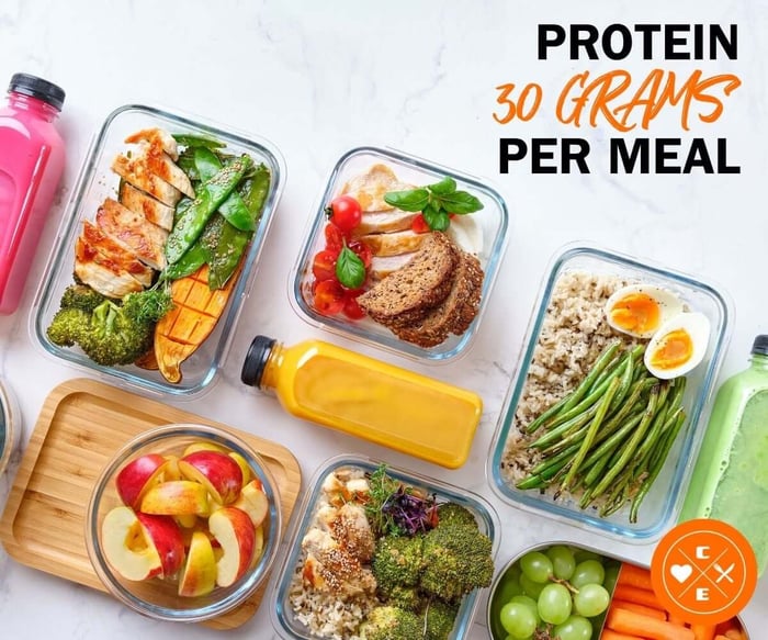 High-protein meal prep containers lined up with tofu, chickpeas, lentils, quinoa, broccoli, and fresh vegetables.