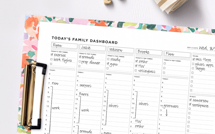 family planning dashboard free printable on a floral clipboard