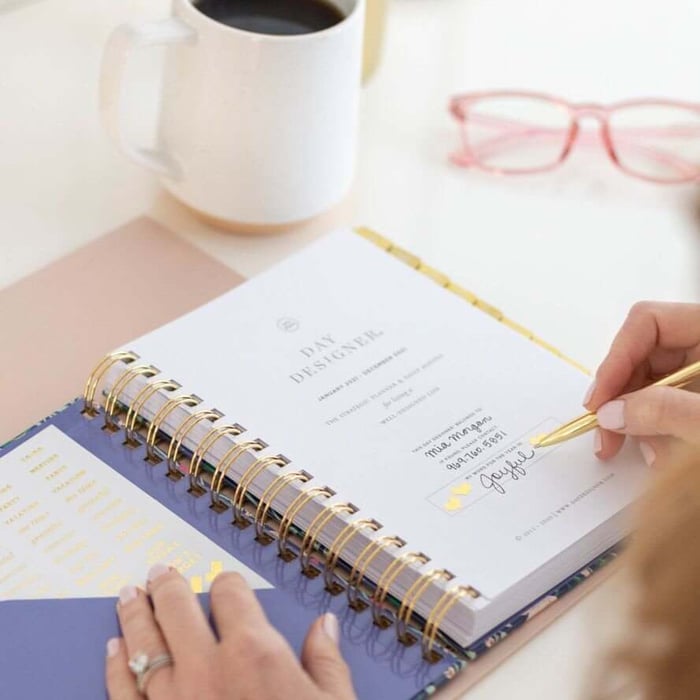 open book day designer planner showing title page, coffee, candle, flowers, choose your word for the year