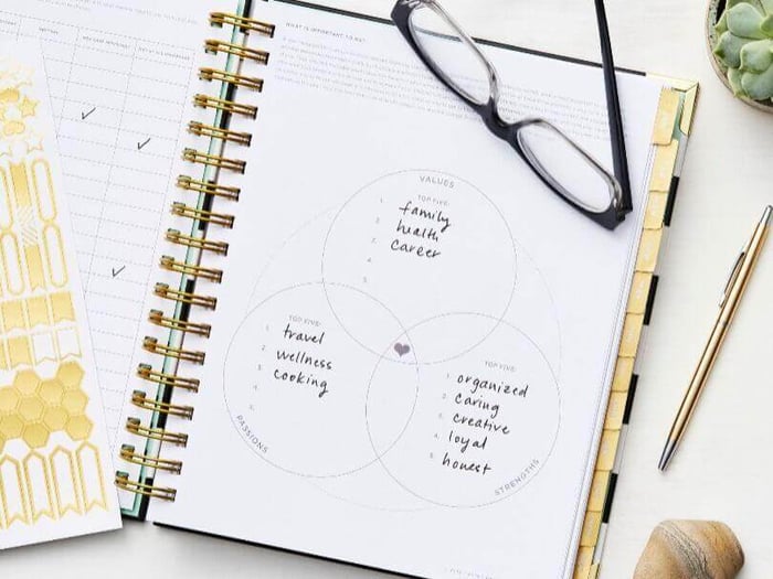goals for the new year, open day designer planner to show written on goal-setting page, gold stickers and pen, glasses, succulent