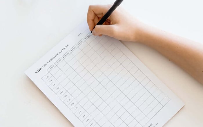 what is time blocking, day designer weekly time-blocking schedule printable, hand holding pen