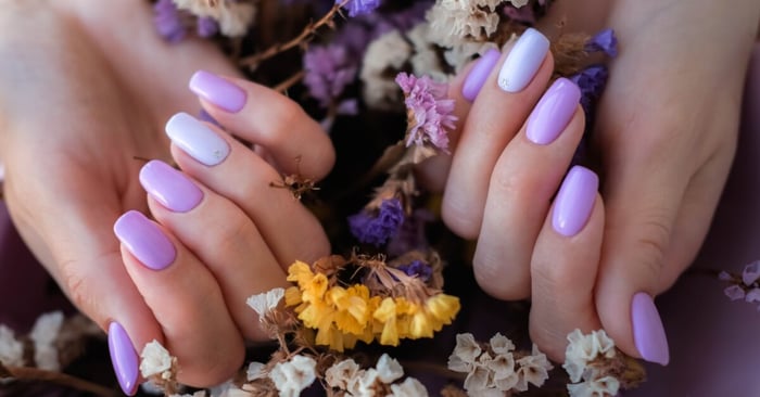 A person showing off their multi-tone lavender nails while resting their hands on a surface with small dried flowers.