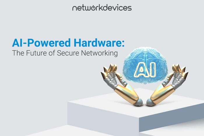 Illustration of AI-powered hardware concept with robotic hands and digital brain labeled 