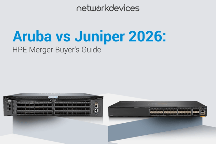 Aruba vs Juniper 2026: HPE Merger Buyer's Guide. A side-by-side comparison of a Juniper data center switch and an HPE Aruba CX switch.