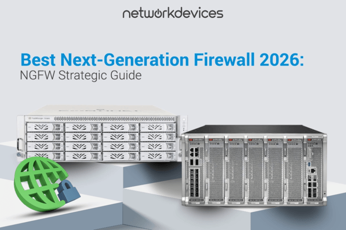 Best Next-Generation Firewall 2026: NGFW Strategic Guide featuring enterprise firewall chassis from Fortinet and Palo Alto Networks next to a secure globe icon.