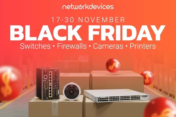 NetworkDevices Black Friday 17–30 November banner showing network switch, industrial firewall and IP camera on boxes with text ‘Switches • Firewalls • Cameras • Printers
