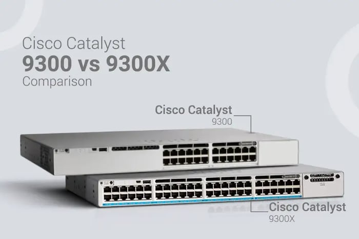 Image of Cisco Catalyst 9300 and 9300X switches side by side, highlighting their design differences in a comparison for performance and scalability.
