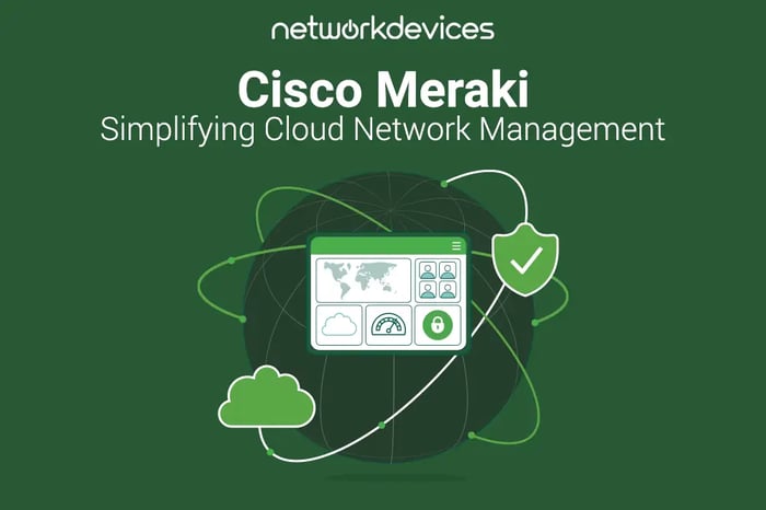 Cisco Meraki - Simplifying Cloud Network Management with secure, scalable, and efficient cloud-based solutions, represented by network icons and security shield.