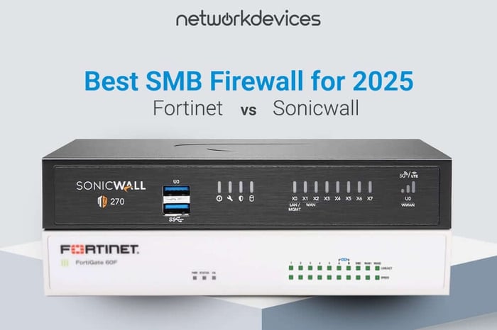 Fortinet FortiGate 60F and SonicWall TZ270 firewalls stacked with text “Best SMB Firewall for 2025: Fortinet vs SonicWall” by Network Devices, comparing top small business firewall options.