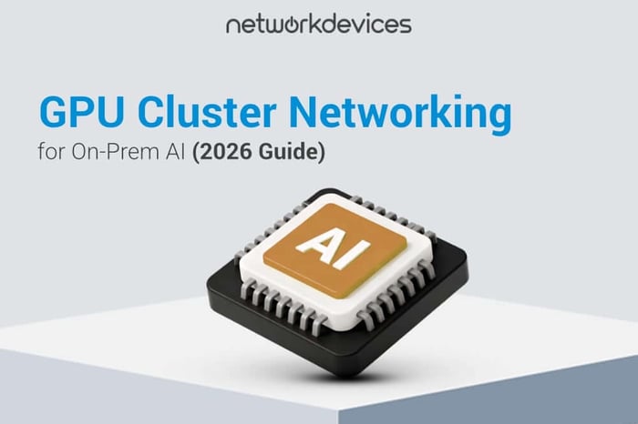 GPU cluster networking for on-prem AI: Network Devices 2026 guide banner with a 3D AI processor chip