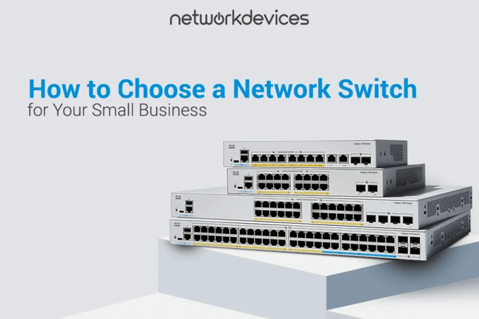 A stack of four Cisco network switches with varying port counts, displayed under the title 'How to Choose a Network Switch for Your Small Business.