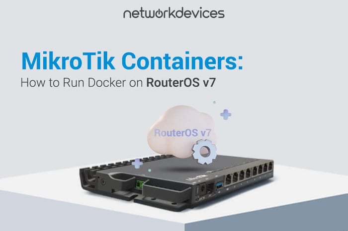 MikroTik RB5009 router with a RouterOS v7 cloud and settings icon, illustrating how to run Docker containers on RouterOS v7.