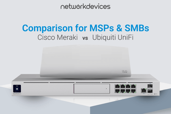 Side-by-side comparison (for MSPs & SMBs)of Cisco Meraki and Ubiquiti UniFi for MSPs and SMBs with featured hardware images.