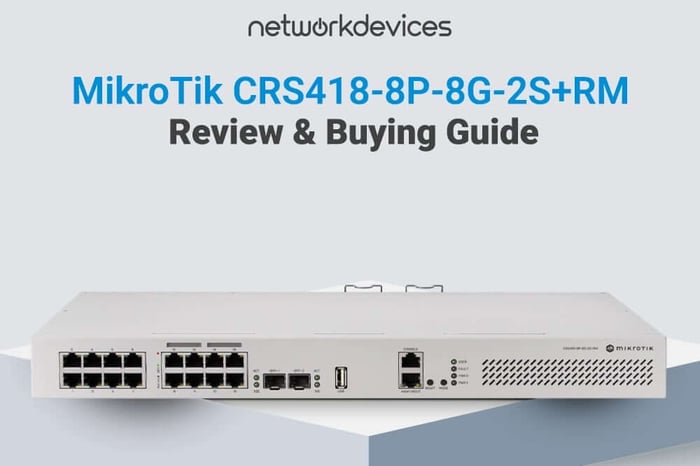 Front view of the white MikroTik CRS418-8P-8G-2S+RM network switch, featured for a review and buying guide.