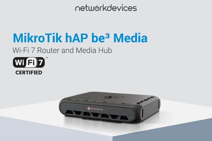 MikroTik hAP be3 Media Wi-Fi 7 router shown from the front on a white pedestal, angled to show the top vents and MikroTik logo.