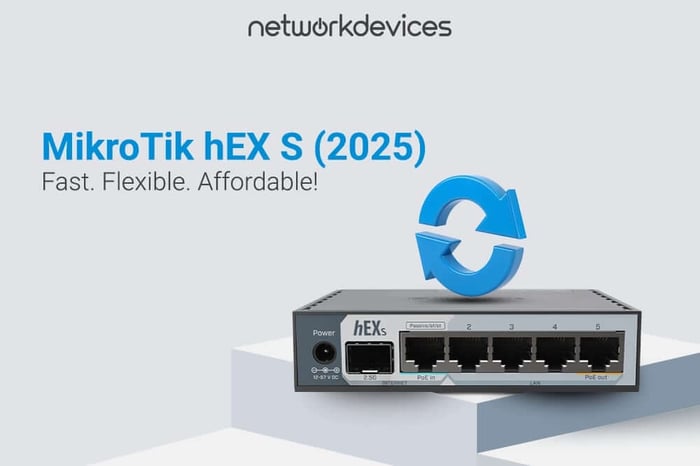 MikroTik hEX S 2025 router with 2.5G SFP, PoE-in, PoE-out, and USB 3.0, featured in a product refresh banner by Network Devices.