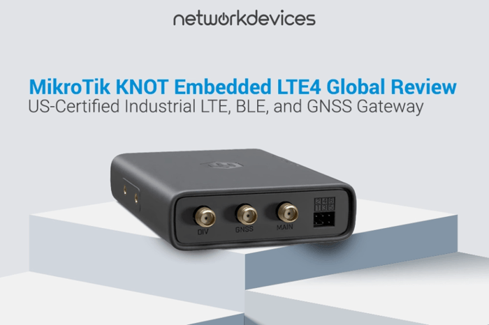 MikroTik KNOT Embedded LTE4 Global industrial LTE gateway with DIV, GNSS, and MAIN SMA antenna ports and GPIO header.