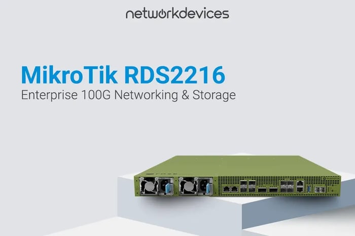 Rear view of MikroTik RDS2216 data server showcasing enterprise 100G networking ports and dual power supplies.