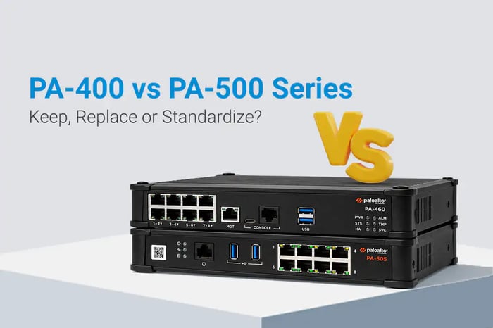 Palo Alto PA-460 firewall from the PA-400 Series stacked on a PA-505 from the PA-500 Series, front panels showing RJ-45 ports.