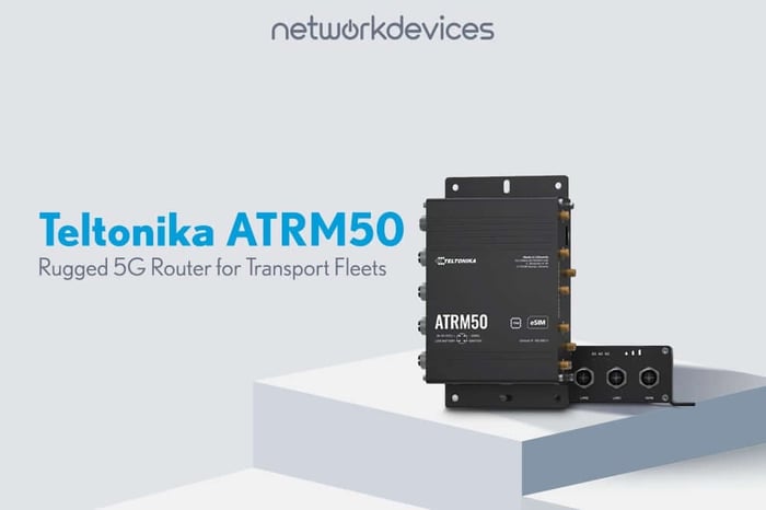 Teltonika ATRM50 rugged 5G router displayed with multiple ports, designed for transport fleets, shown on a platform with Network Devices branding