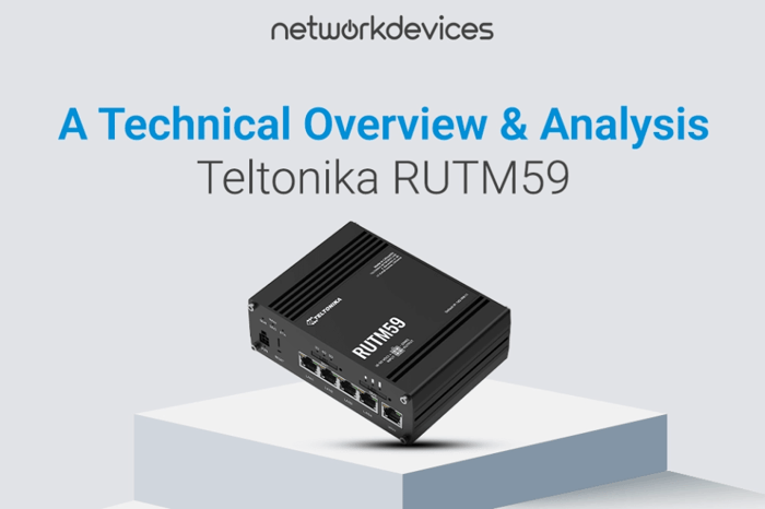 Teltonika RUTM59 industrial 5G router displayed on a pedestal with the text ‘A Technical Overview & Analysis’ by Network Devices.
