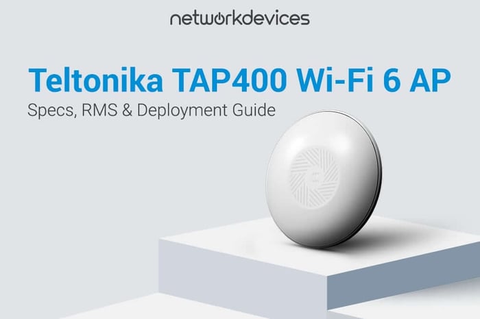Teltonika TAP400 Wi-Fi 6 access point hardware featured alongside the Network Devices logo and deployment guide title.