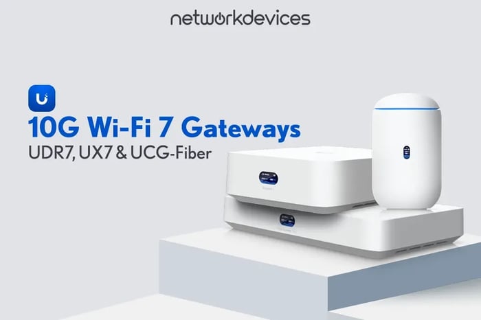 Ubiquiti 10G Wi-Fi 7 Gateways – UDR7, UX7, and UCG-Fiber displayed together, featuring next-gen multi-gig networking and enterprise-grade security.