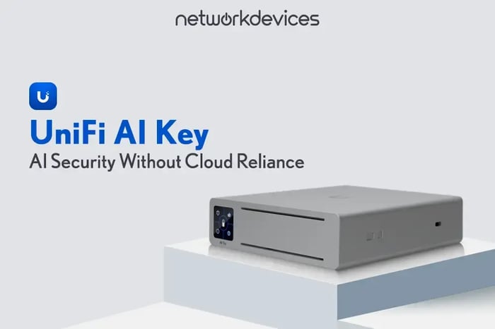 UniFi AI Key – AI-powered security device with local processing and no cloud reliance, shown in a sleek design on a modern platform. NetworkDevices branding.
