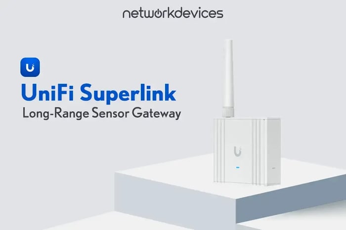 UniFi SuperLink long-range sensor gateway by Ubiquiti, designed for extended UniFi Protect sensor coverage with dual-radio technology.