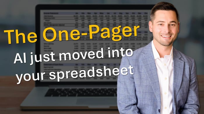 Chris Reilly standing next to a laptop displaying a financial model, with text reading The One-Pager: AI just moved into your spreadsheet