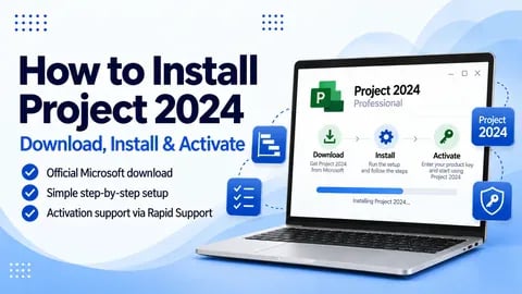 Microsoft Project Professional 2024 installation and activation guide showing download, install and activation steps on a laptop.