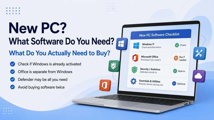 New PC software checklist covering Windows 11, Microsoft Office, antivirus and essential software