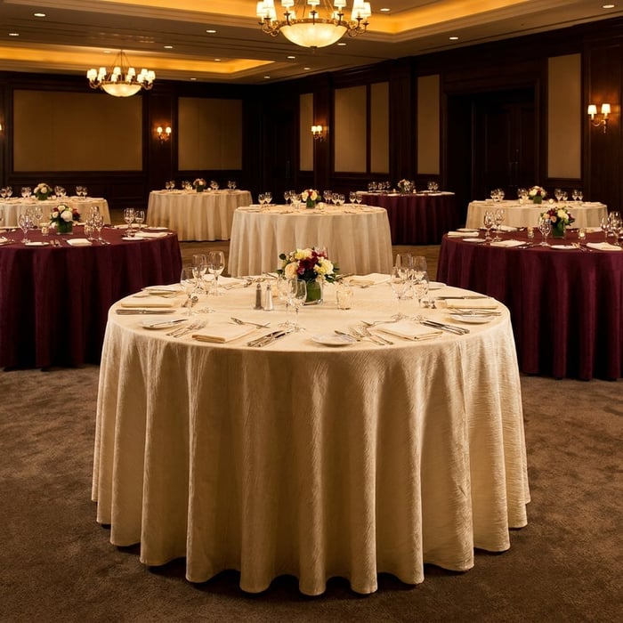 Who Sells 100% Spun Polyester Banquet Linens in Bulk for a Hotel Ballroom?