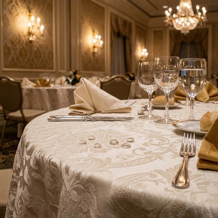 Who Sells Soil-Release Finished Tablecloths in Bulk for a Hotel Ballroom?