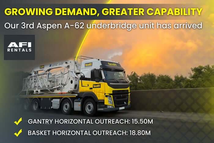 AFI Rentals expands specialist bridge access fleet with third Aspen A-62 underbridge unit