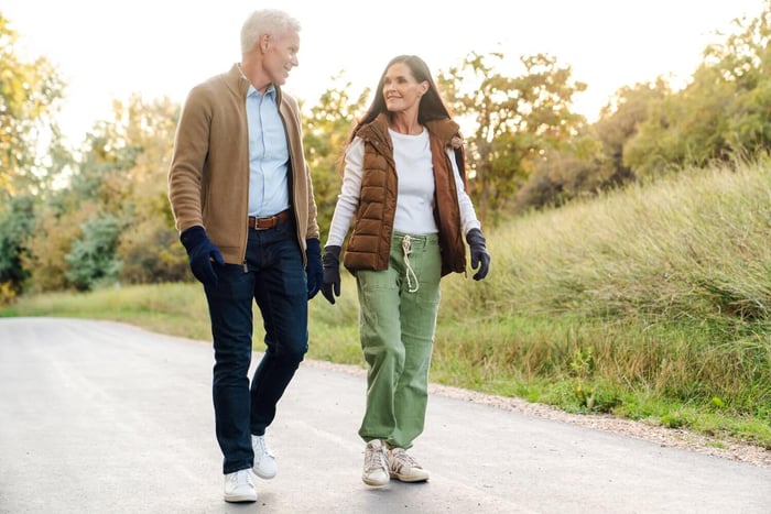 A couple walking and wearing Toasty Touch heated gloves