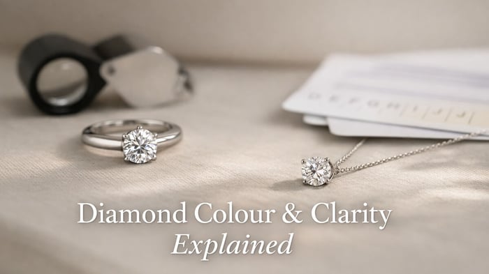 Why diamond colour and clarity matter, two pieces of diamond jewellery in a light coloured surface with a jewellers loupe in the background.