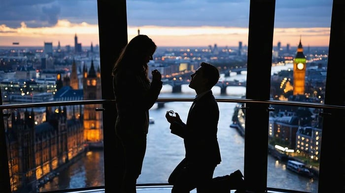 2025 Engagement Ideas: A couple stands silhouetted against a twilight sky atop the London Eye, their figures cast in warm amber from the capsule's interior lighting. The man is down on one knee, presenting a ring box while the woman's gasps.