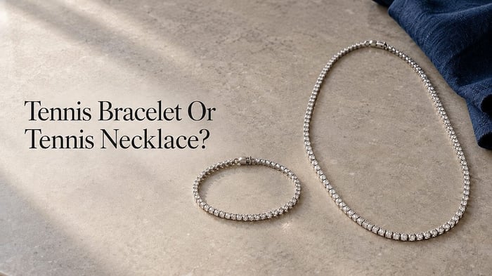 A diamond tennis bracelet beside a longer tennis necklace, with the headline “Tennis Bracelet Or Tennis Necklace?