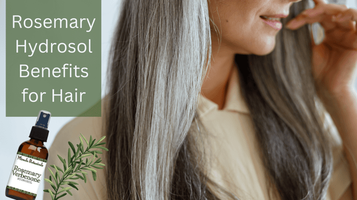 Rosemary Benefits for Hair with a bottle of Rosemary Hydrosol by Miracle Botanicals and a woman with beautiful long healthy hair