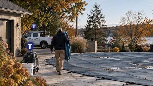 A pool contractor closing up a pool during fall time, with a service truck and tools with the Trackem GPS logo over them.