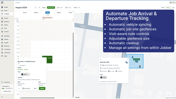 Jobber screen showing Job Arrival & Departure Tracking with trackem features listed