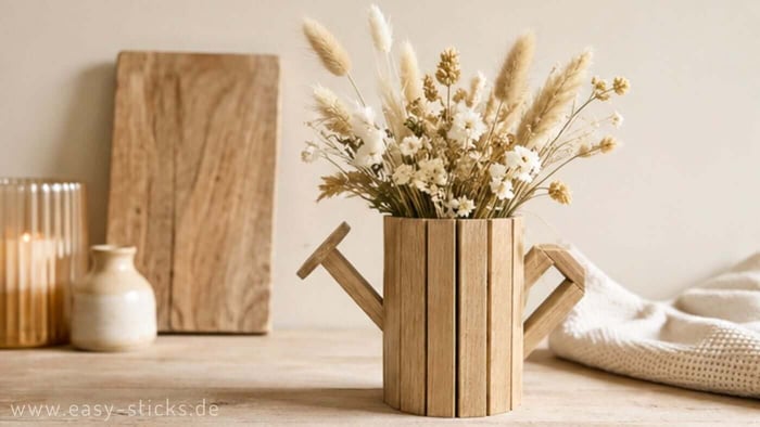 Eine Gießkanne aus Holz basteln: Mit Easy-Sticks und einer Konservendose entsteht eine dekorative Blumenvase. Mit Anleitung, Maßen und Tipps.