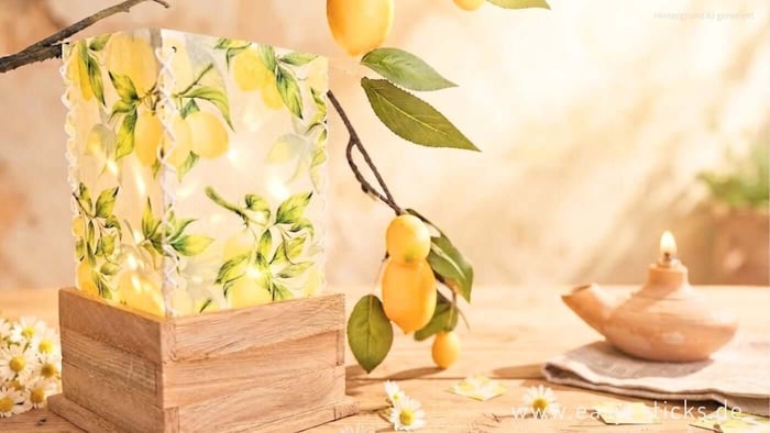 Windlicht mit Holzklötzchen basteln – sommerliches Zitronen-Windlicht mit Easy-Sticks